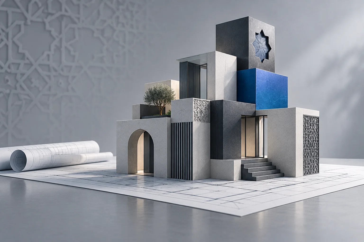 Maquette architecturale abstraite représentant une entreprise en construction
